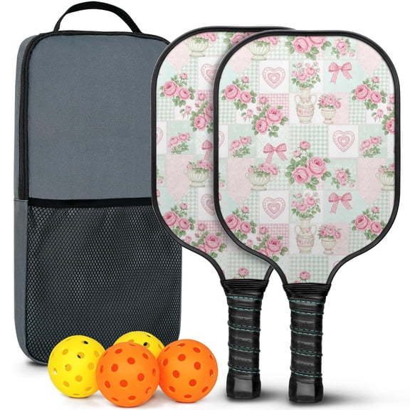Pickleball Paddles Set,Pioneer Flower Floral Print Pattern Fiberglass Surface Pickleball Racket Set with 2 Indoor Outdoor Pickleball Balls and Pickleball Bag,Pickle-ball Equipment