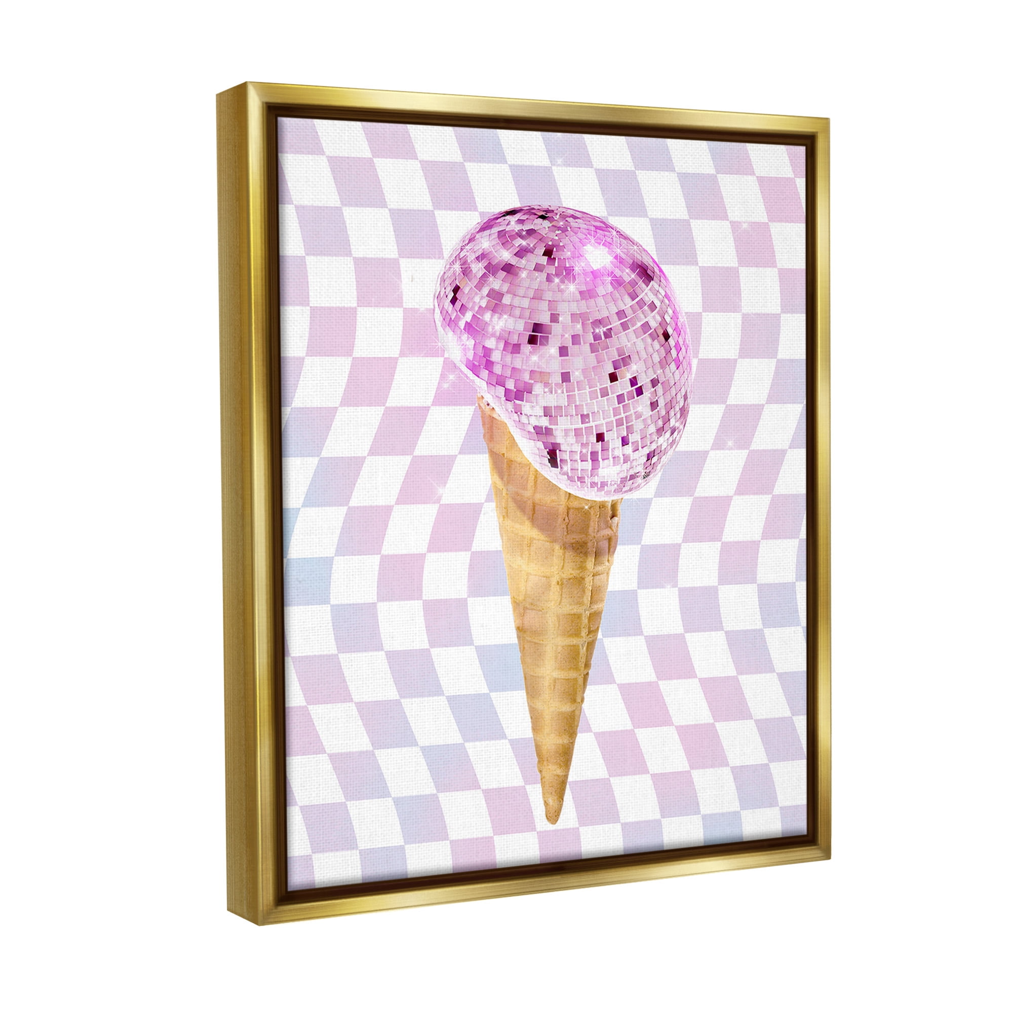 Stupell Industries Checkered Disco Ice Cream Food & Beverage Painting Gold Floater Framed Canvas Art Print Wall Art, 17 x 21