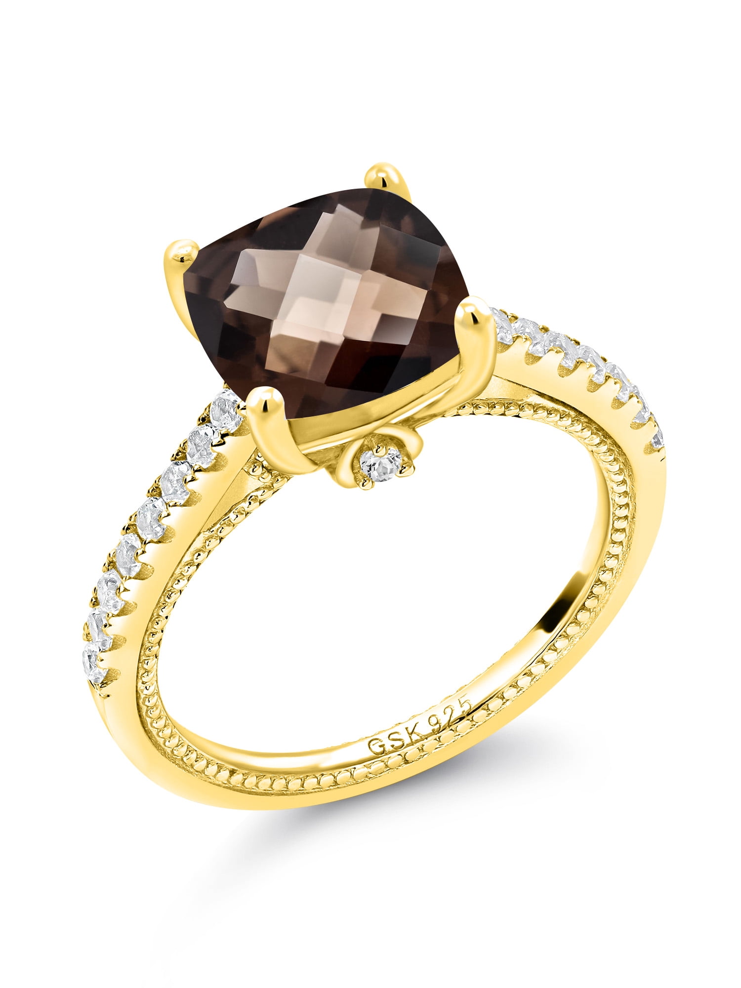 Gem Stone King 1.73 Ct Brown Smoky Quartz 18K Yellow Gold Plated Silver Mens Ring 