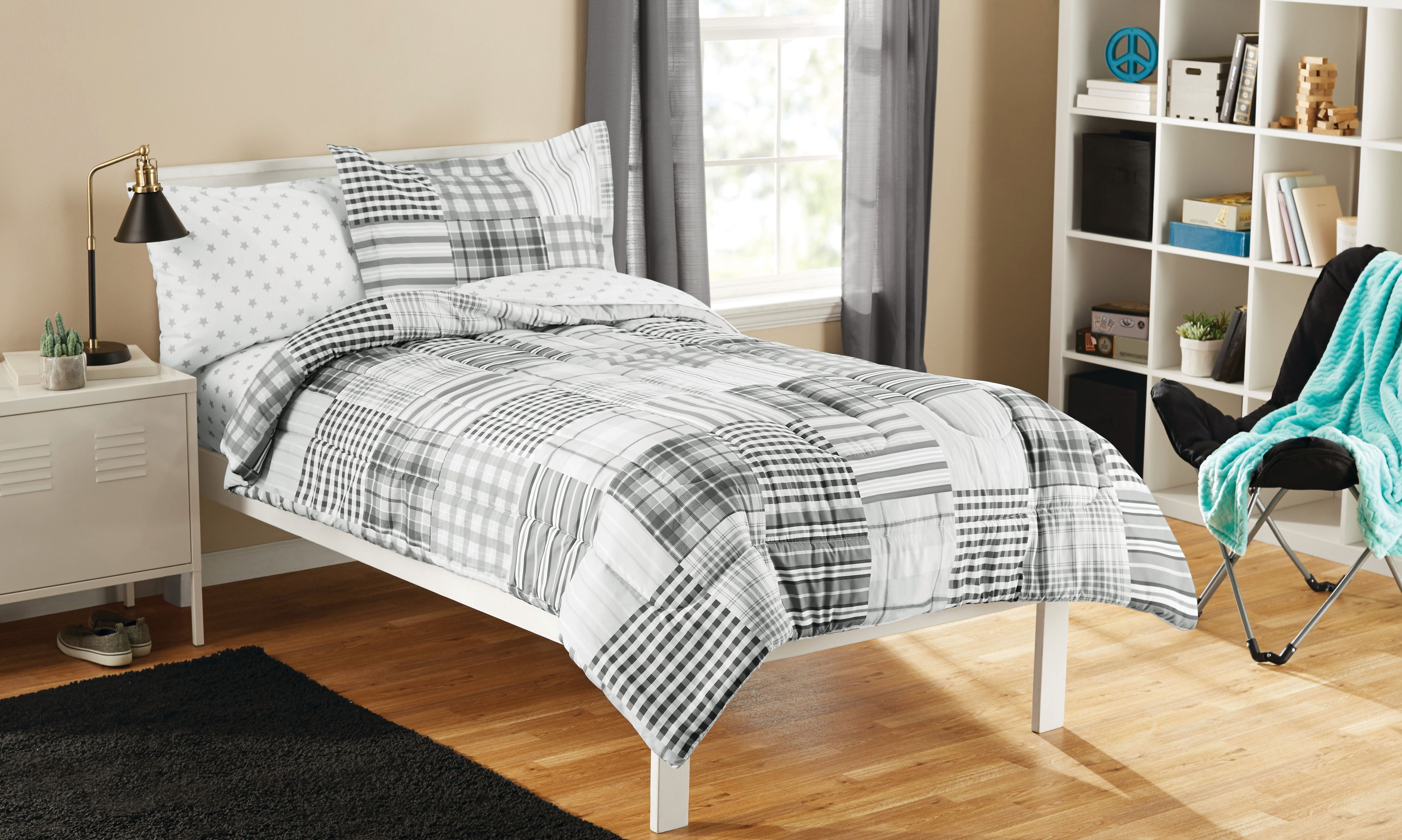 Mainstays Kid Gray Plaid Bed in a Bag Bedding Set
