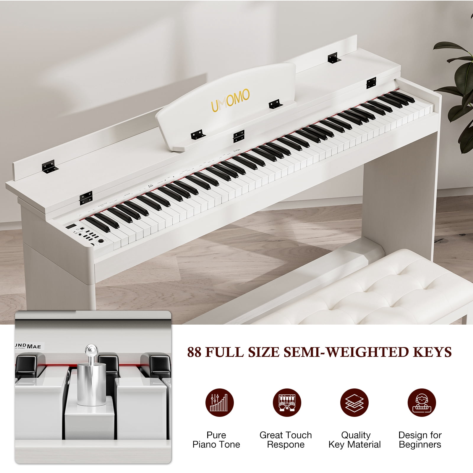 UMOMO 88 Key Digital Piano Keyboard with Piano Bench, Full Size Electric Piano with Piano Stand, Headphone Jack, 3 Pedal, Electronic Piano for Beginner, Adults, White