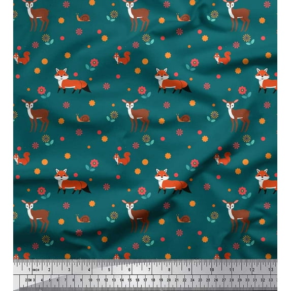 Soimoi Moss Georgette Fabric Floral,Deer & Fox Kids Print Fabric by Yard 42 Inch Wide