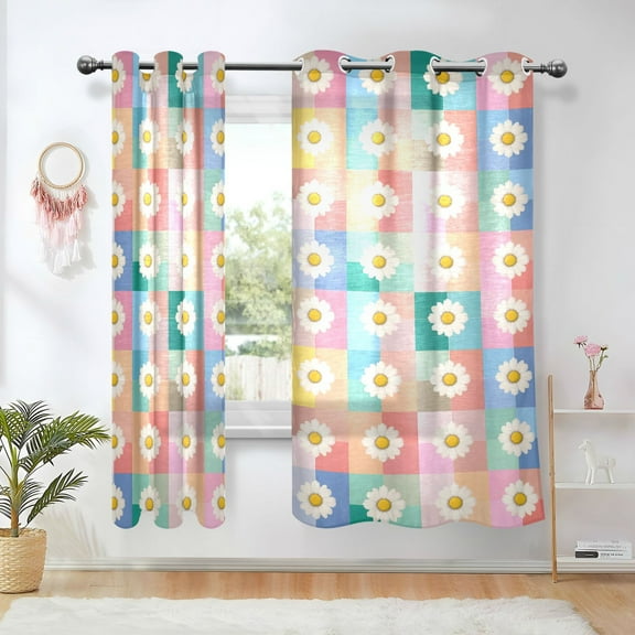 Yayeee Window Curtains Light Filtering 63"x42" Grommet Panel Pair Home Living Room Decor, Pink Checkered Daisy