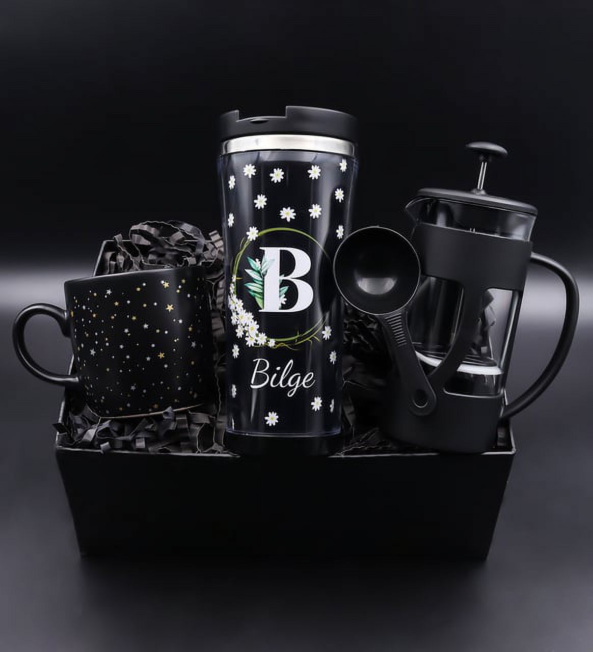 Personalized 450 ml Daisy Patterned Steel Thermos & Black French Press & Star Black Matte Mat Cup Gift Set