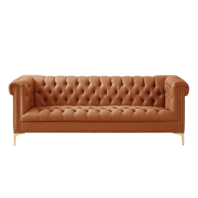 Posh Living Ryder Pu Leather On Tufted Sofa With Gold Nailhead Trim And Y Leg Camel Brown Com Pu Leather On Tufted Sofa, Tufted Camel Leather Sofa