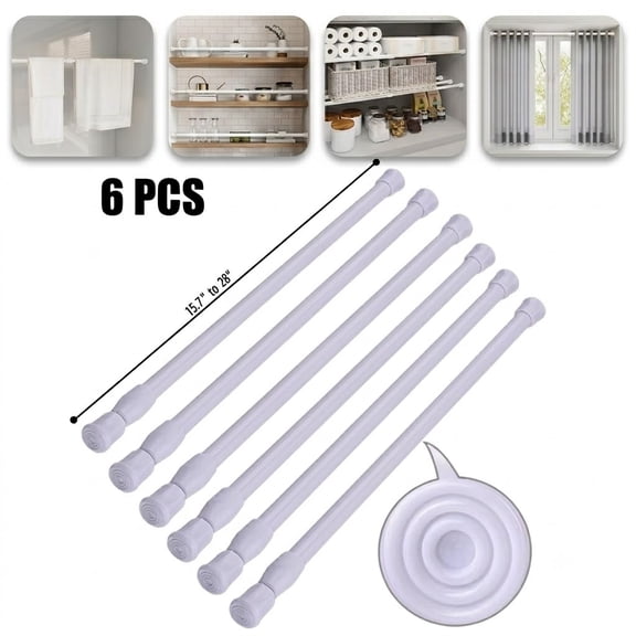6 Pack Cupboard Bars Adjustable Spring Tension Rods White Refrigerators Bar Extendable Rod for DIY Projects, 15.7 to 28 Inches