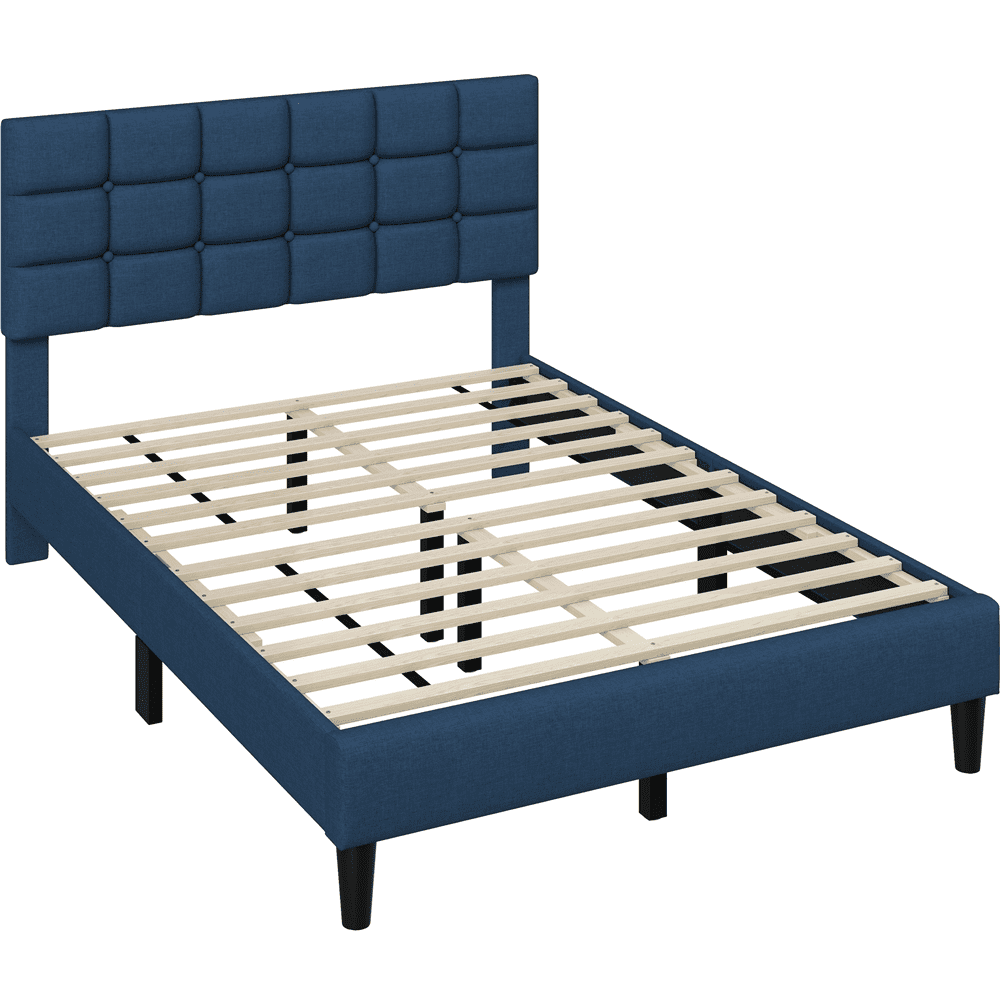 Yaheetech Upholstered Platform Bed with Square Tufted Headboard, Full, Navy Blue