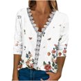 thumbnail image 1 of Women Lace Trim Fashion Tops Short Sleeve T Shirts Summer Dressy Casual Floral Print V Neck Graphic Tee Blouses (XX-Large, White 04), 1 of 4