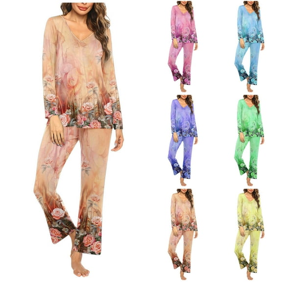 Itsame Pajamas 2pcs Sets for Womens Long Sleeved Sleepwearshirt and Pants Sleepwear Set Printed Retro Women Casual Home set Beige Size XL