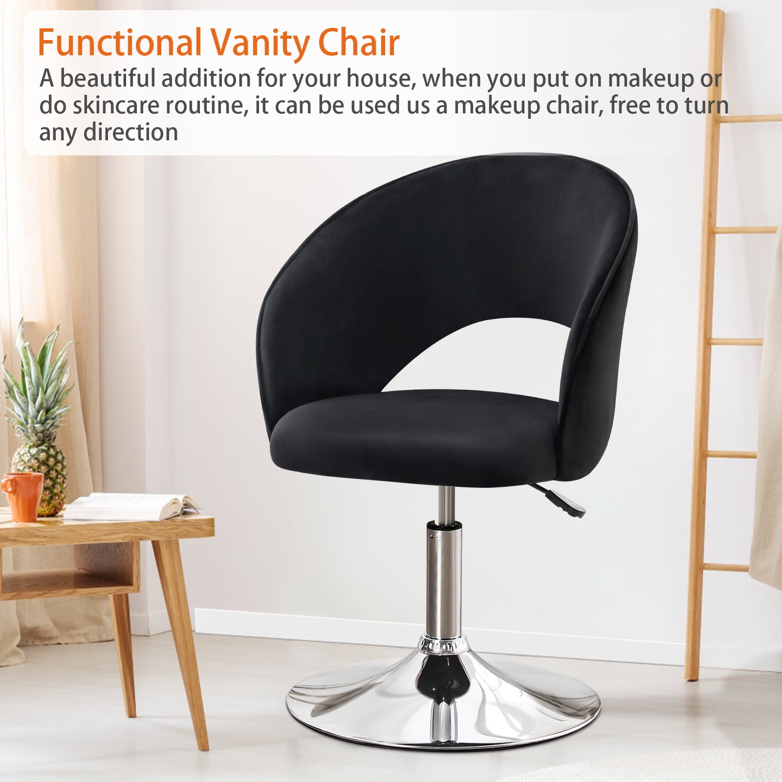 Adjustable Chair Black Faux Fur Office Chair Vanity Chair With
