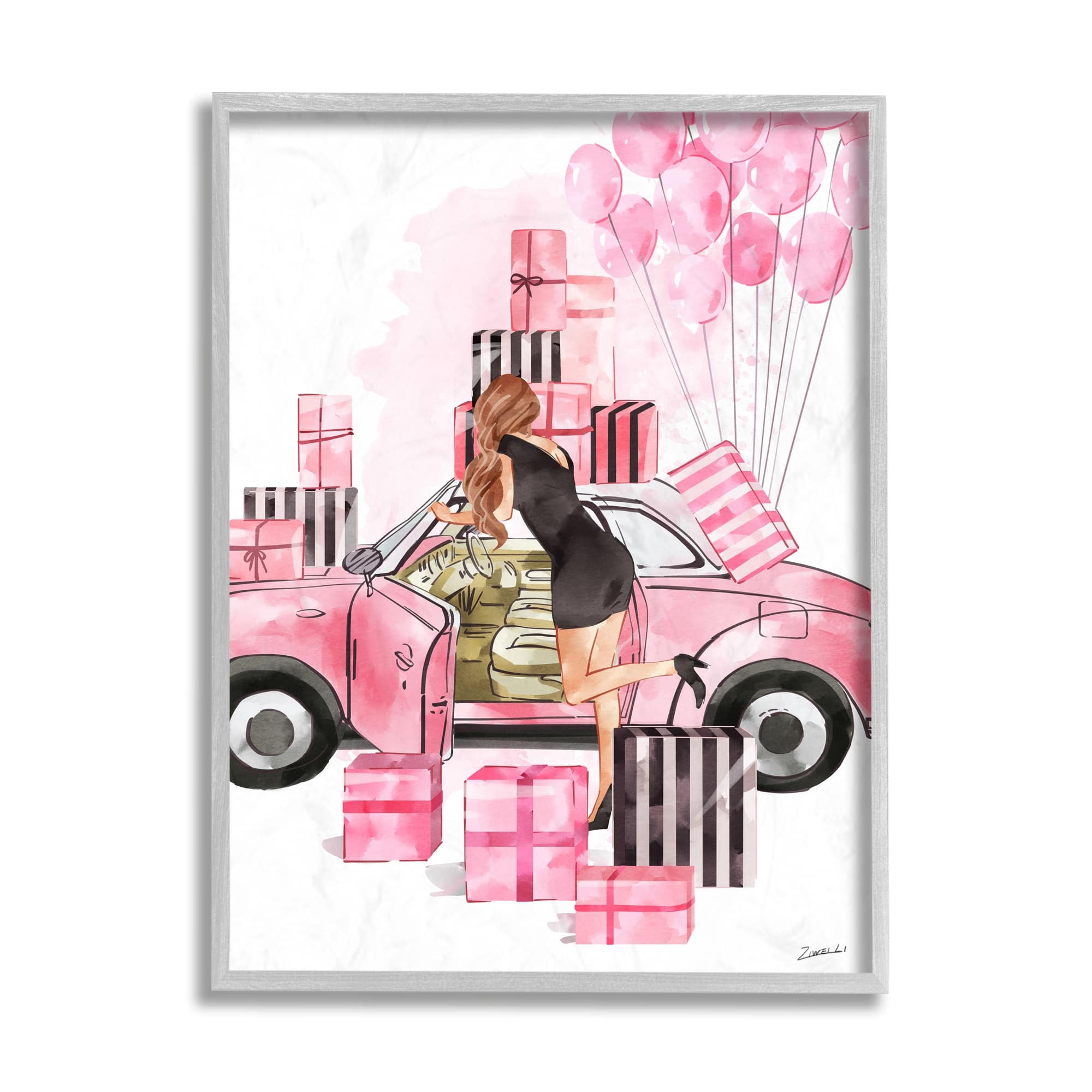 Stupell Industries Pink Fashionista Glam Car Stylish Gift Boxes Beauty & Fashion Painting Gray Framed Art Print Wall Art, 16 x 20