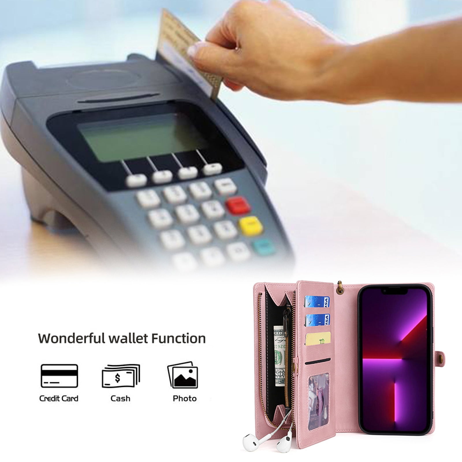 for iPhone 16e Wallet Case, Durable PU Leather 2-in-1 Detachable Magnetic Flip Phone Case for iPhone 16e Case Wallet with Card Holder Slots Zipper Pouch for Women Men, Pink