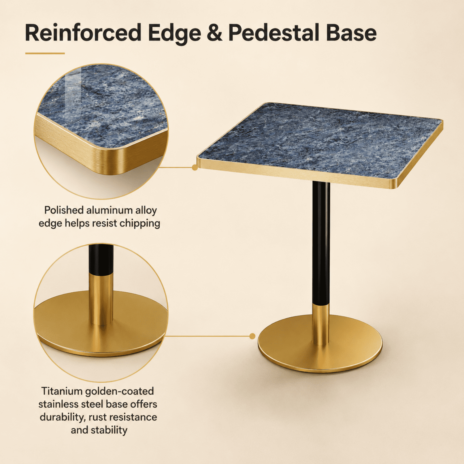 Miniyam 31.5 in Square Dining Table for 2-4, Marble-Look Sintered Stone Top, Stainless Steel Pedestal Base for Small Space, Blue