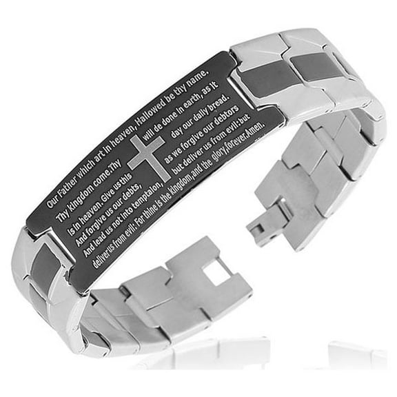 Stainless Steel Black Silver-Tone Religious Cross English Prayer Mens Bracelet