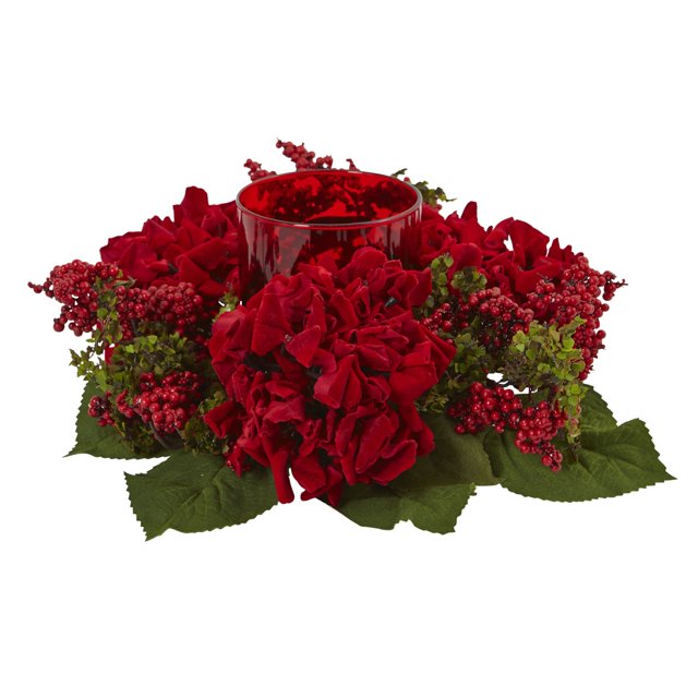 Nearly Natural Décoration de Candelage Hortensia & Baies, Rouge