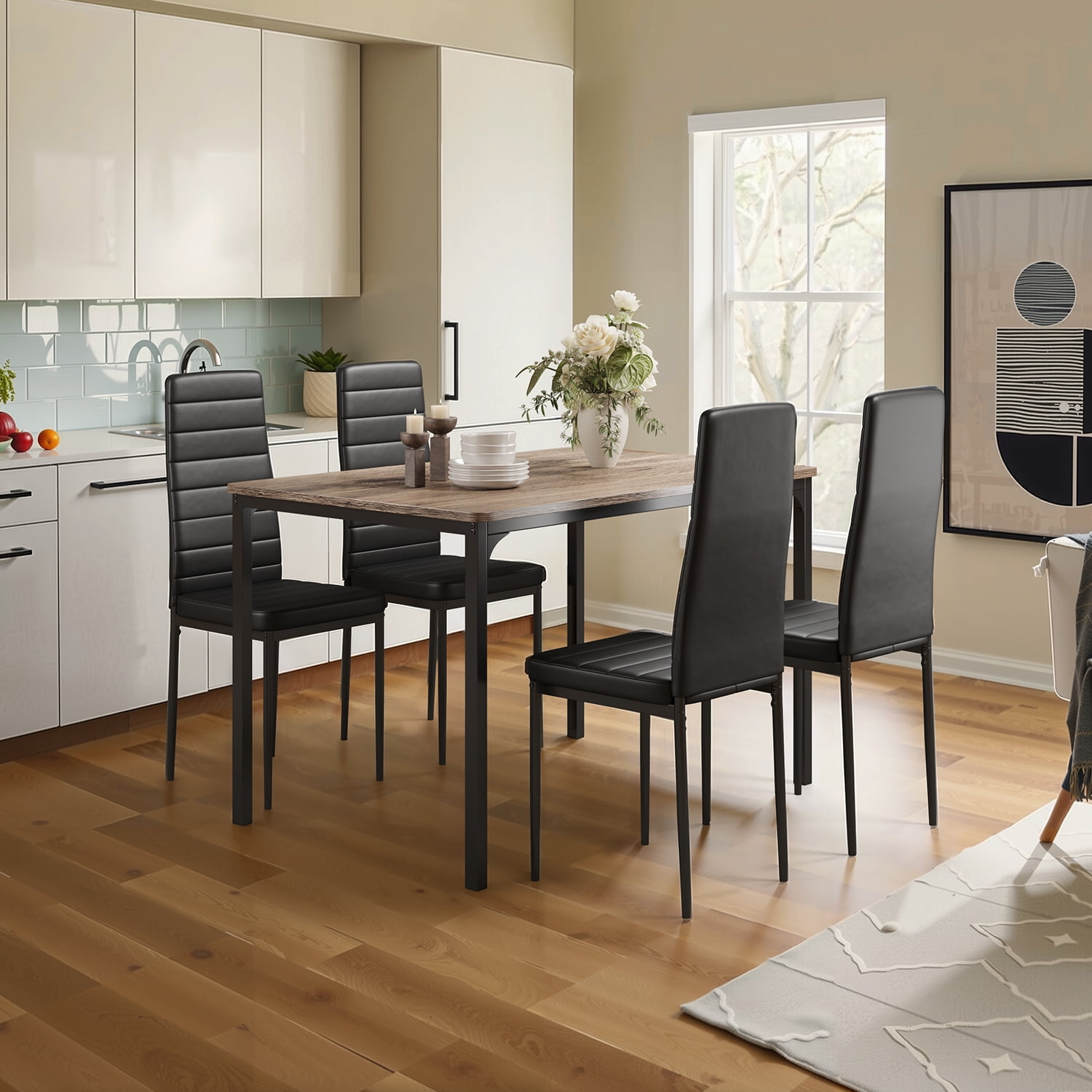 Lofka Dining Table Set for 4, Dining Table and Chair 1 Table & 4 PU Leather Chairs for Small Spaces,Gray