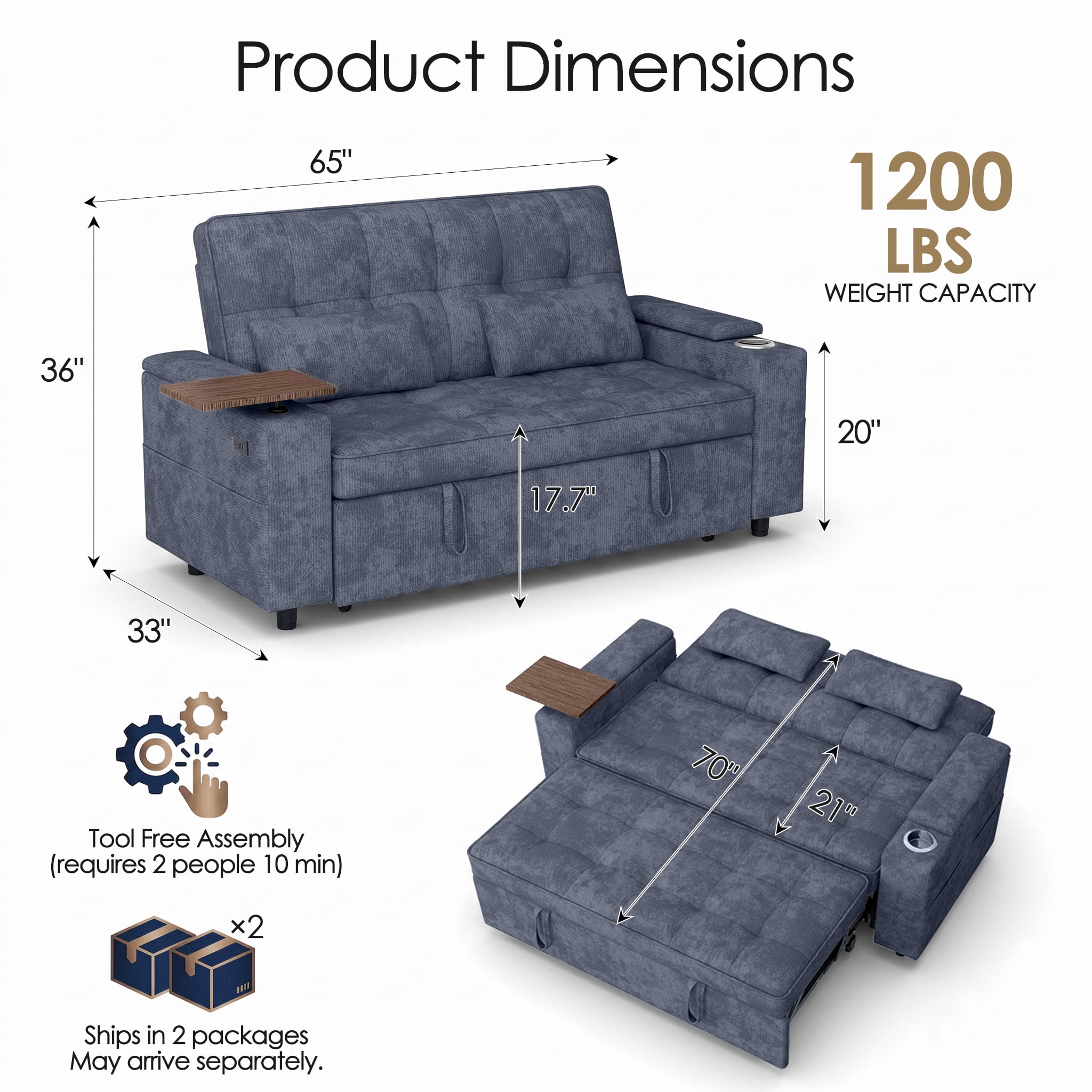 Xiweot 65" Sleeper Sofa Bed, 3-in-1 Convertible Chenille Futon Couch, Loveseat Sofa with Adjustable Backrest, Pull out Couch with Storage Armrest, Table & Pillows for Living Room Apartment (Blue)