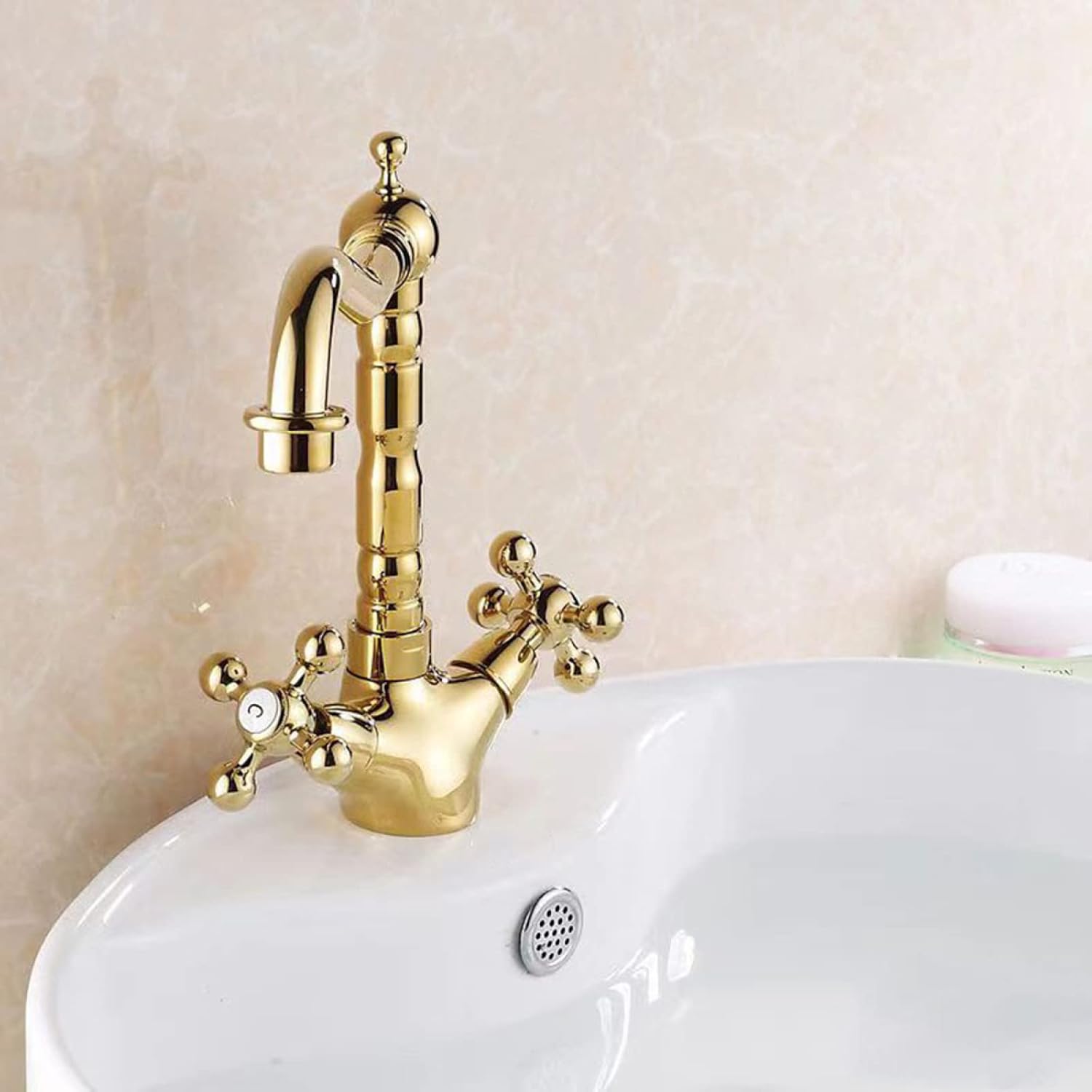 Vintage Sink Faucet Bathroom,360 Degree Swivel Spout Bathroom Sink Faucet, Cold Hot Mixer Vintage Vanity Tap, Double Cross Handle Mixer Bathroom Sink Tap, Gold