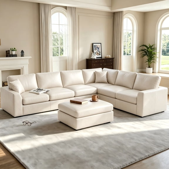 QuzyAor 7-Seater U-Shaped Modular Sectional Sofa, Oversized Cloud Couch with Faux Leather, Deep Seat Comfy Living Room Furniture for Apartment, Beige