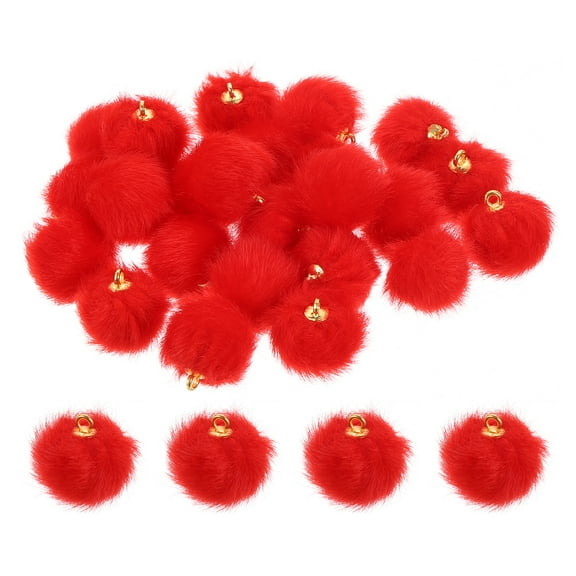 Pom Pom Charm, 24Pcs 15mm - Faux Fur Fluffy Pom Poms Pendants Balls, Pom Poms for DIY Crafts Jewelry Making Keychain Accessory (Red)