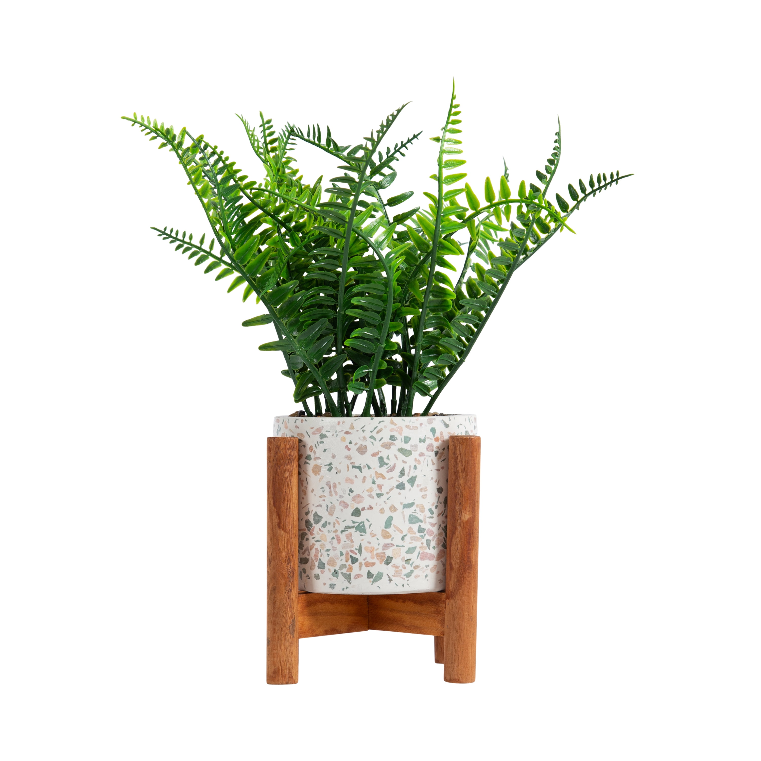 Design Ovation 10.5” x 3.875” Artificial Fern in Terrazo w/ Wooden Stand Plant Container