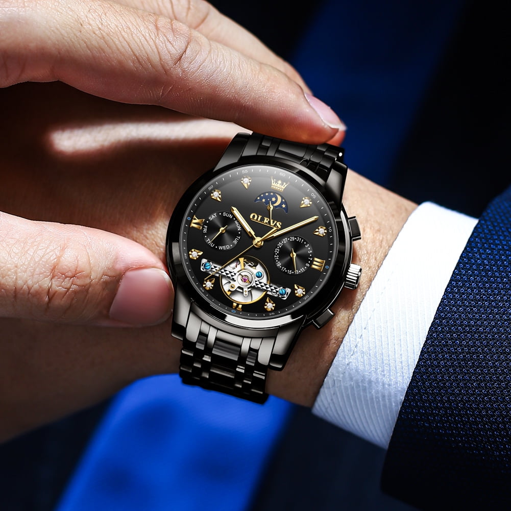 OLEVS Automatic Watches for Men Self Winding Mechanical Skeleton Flywheel Chronograph Luxury Dress Stainless Steel Diamond Moon Phase Waterproof Luminous Mens Wrist Watches Reloj Para Hombre