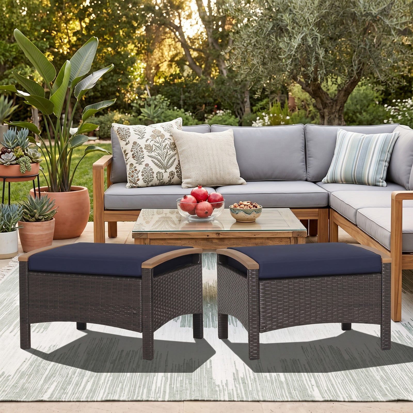 Furnibear Set of 2 Fade-Resistant PE Wicker Patio Ottomans with Cushions and Wood Handles for Outdoor Foot Rest and Extra Seating, Navy