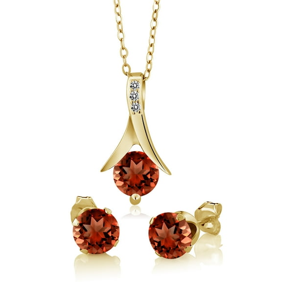 Gem Stone King 3.05 Ct Red Garnet White Diamond 18K Yellow Gold Plated Silver Pendant and Earrings Jewelry Set