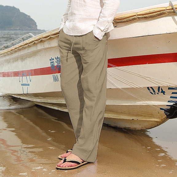 Zimjoy Men's Cotton Linen Pants Oversized Loose Straight Leg Pants Textured Drawstring Summer Beach Trousers with Large Pockets,Khaki L