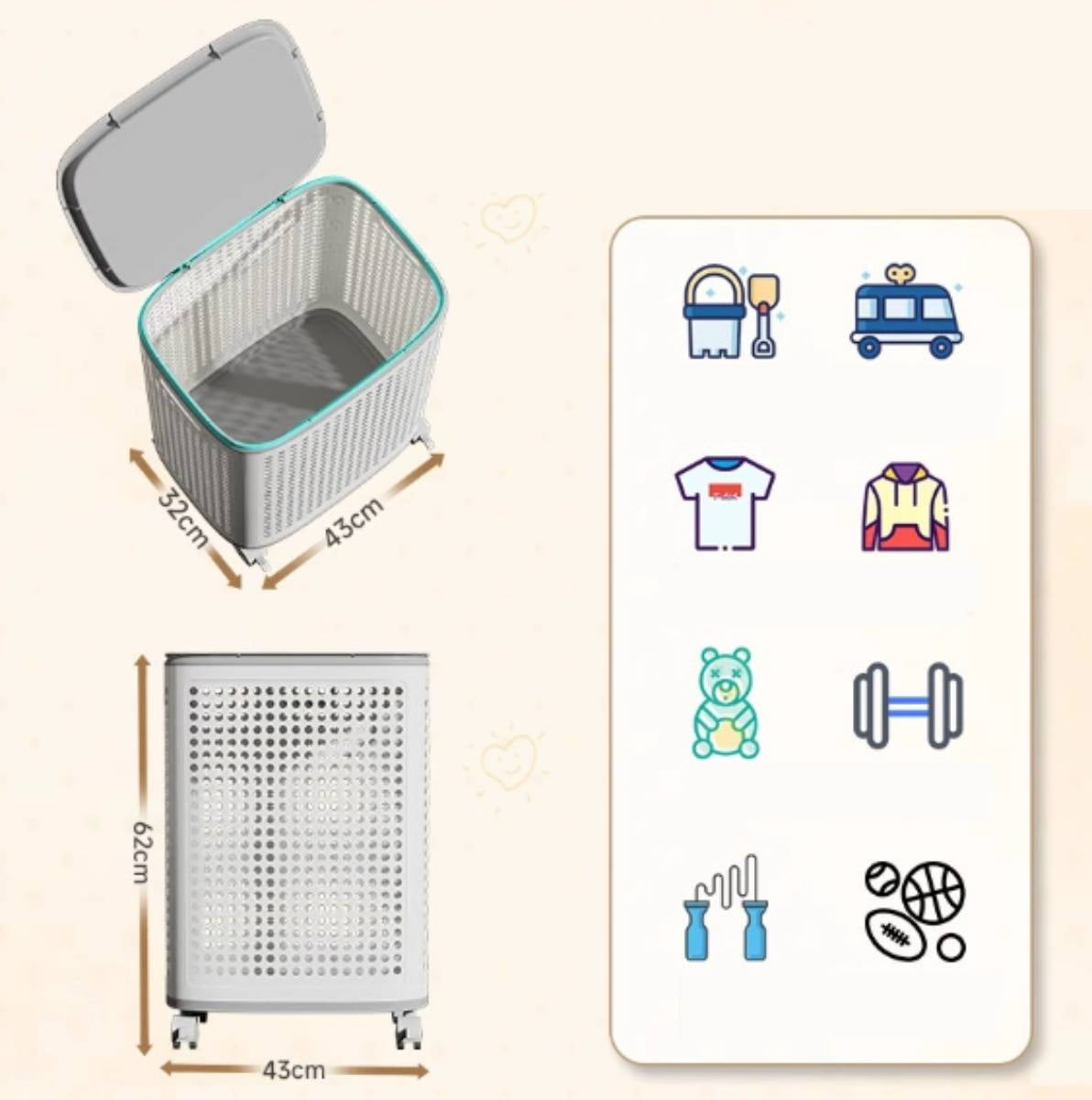 Sentk 67L Large Rolling Laundry Hamper with Wheels & Handle - Mobile Storage Basket for Teens, Adults, Dorm, Bathroom, Bedroom - White Plastic Organizer Bin
