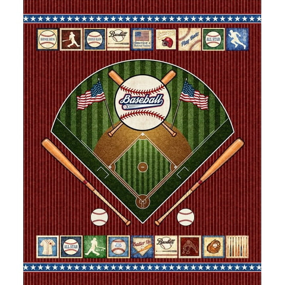 35" X 44" Panel America's Pastime Baseball Field Diamond Bats Pinstripes Quilting Treasures Red Cotton Fabric Panel (1649-28350-M)