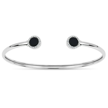 3mm Double Black Onyx and White Cubic Zirconia Sterling Silver Rhodium Plated Round Memory Open Cuff Bangle