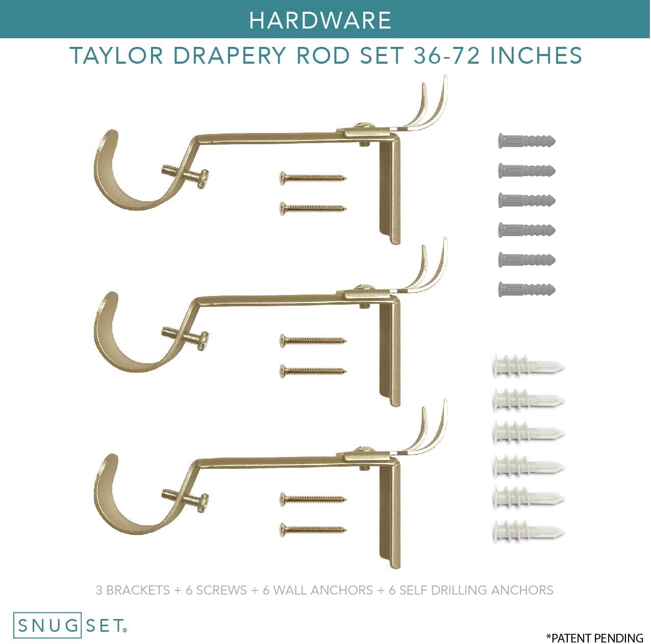 SnugSet Taylor 1" Golden Brass Knob Adjustable Single Curtain Rod Set, 36'"-72"