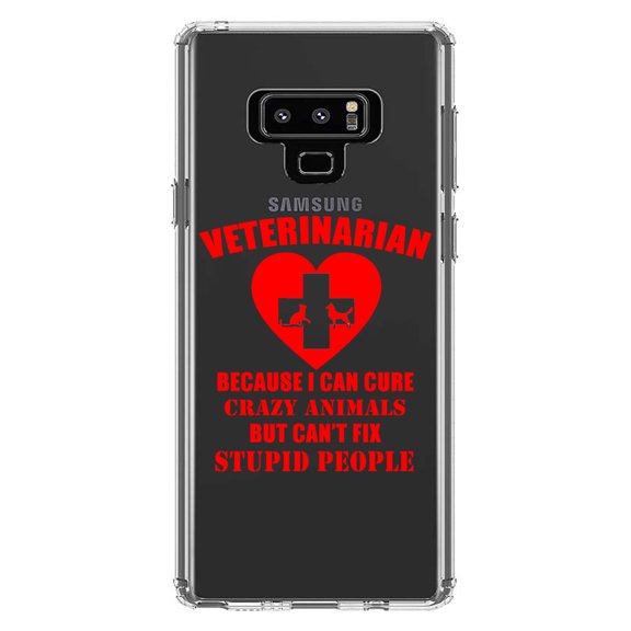 DistinctInk Clear Shockproof Hybrid Case for Samsung Galaxy Note 9 - TPU Bumper Acrylic Back Tempered Glass Screen Protector - Vets Cure Crazy Animals But Can't Fix Stupid
