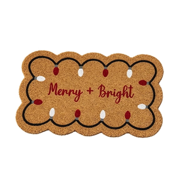 Merry Bright Christmas Coir Doormat, Festive String Light Pattern Scalloped Entry Mat 30 x 18 Inch for Front Porch Entrance Holiday Home Decor