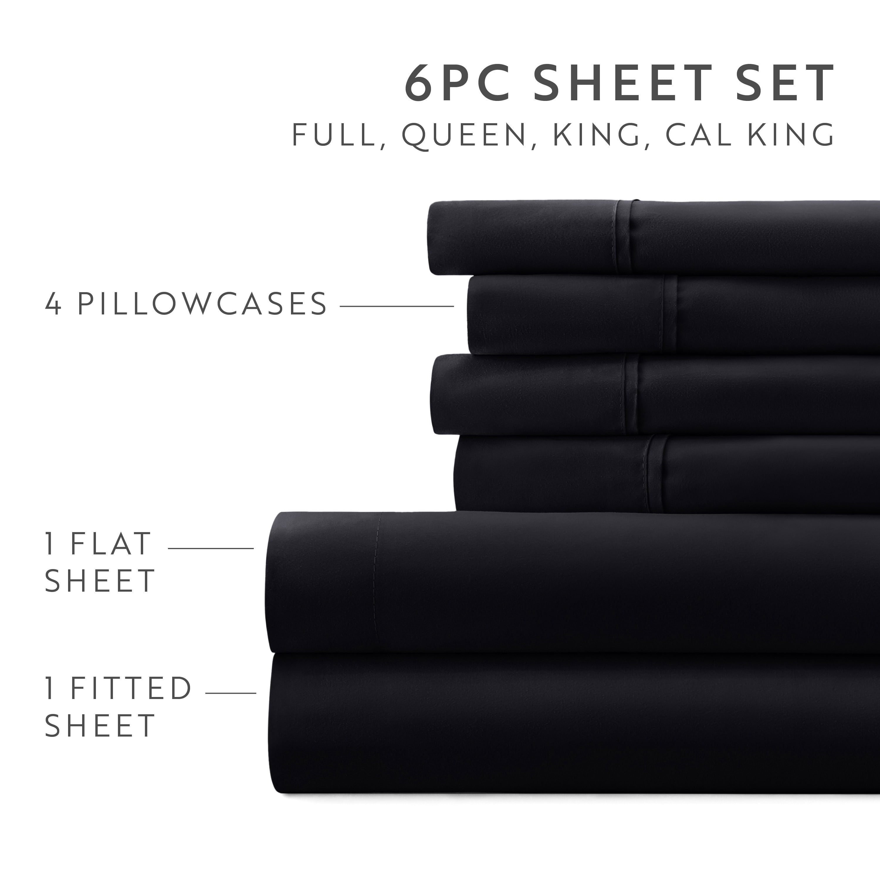 Queen, Black Solid Microfiber 6 Piece Bed Sheet Set, by Noble Linens