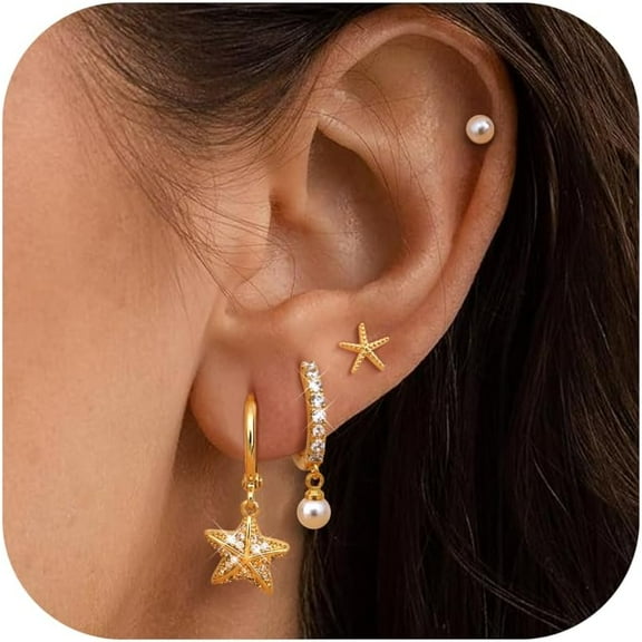 Gold Hoop Earrings Set For Women Hypoallergenic 18K Gold Plated Dangle Hoop Huggie Stud Earring Stacks Pack Dainty Earings Cartilage Piercing Jewelry Silver[Z1]