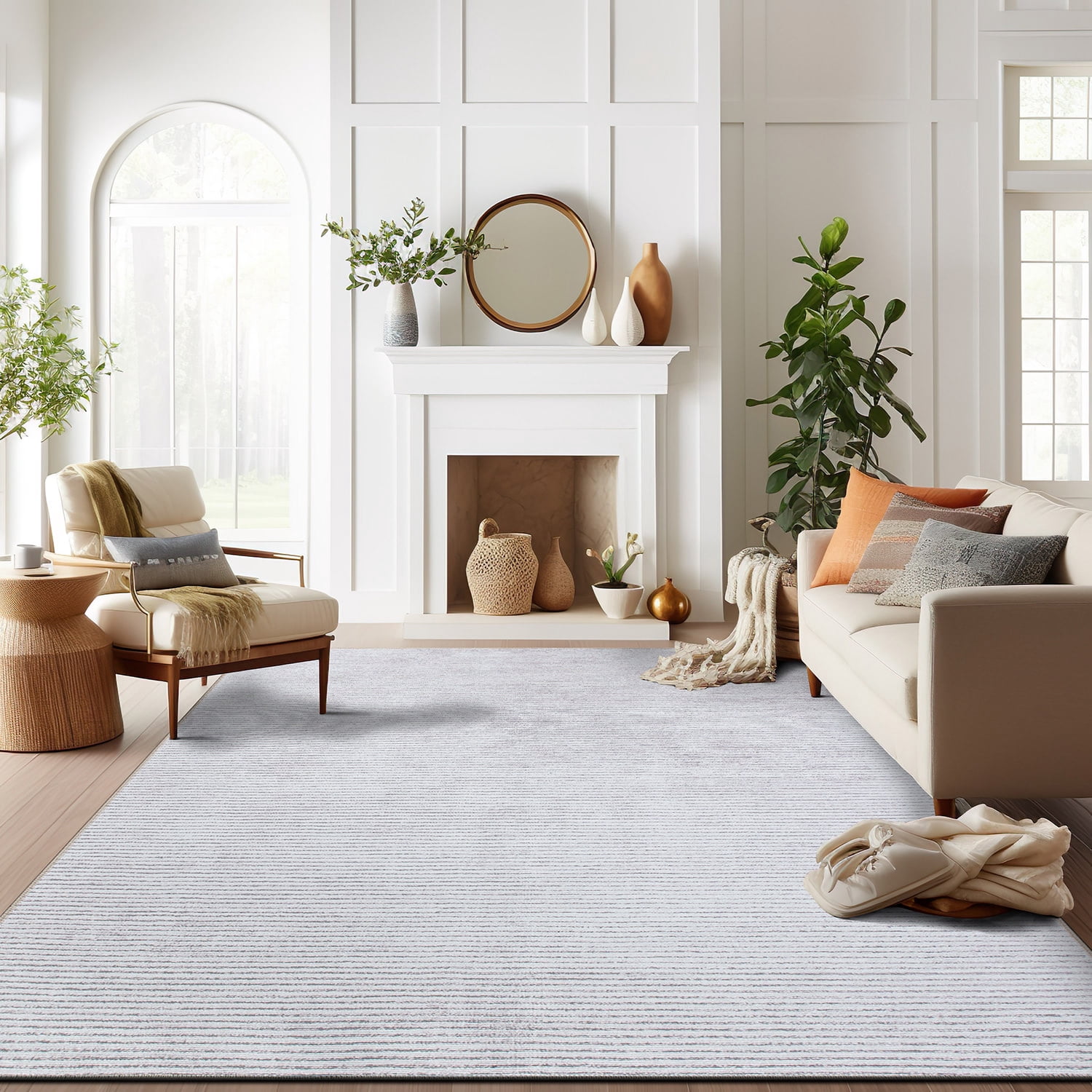 World Rug Gallery Contemporary Distressed Stripe Machine Washable 5'x7' Ivory Area Rug