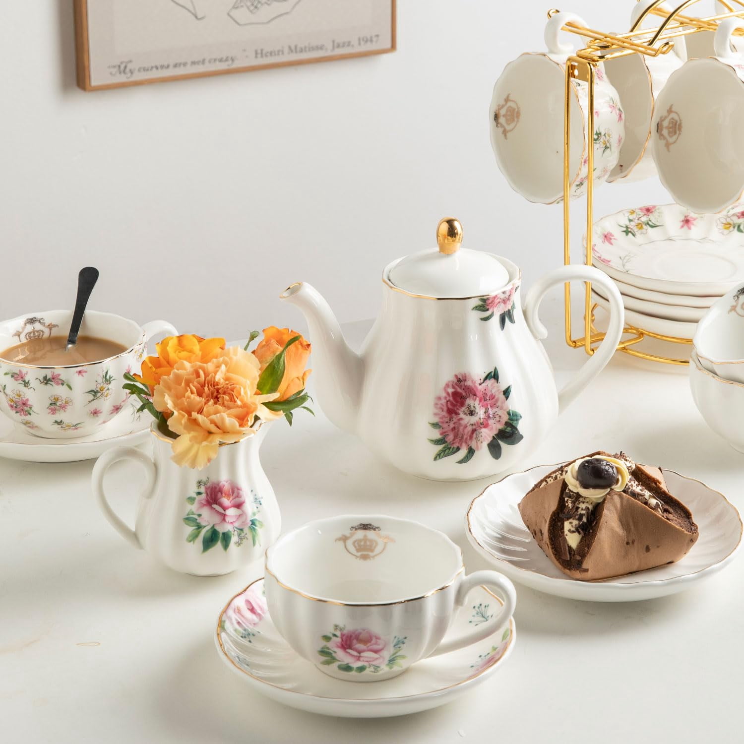 Sweejar Home Set da tè in porcellana British Royal Series, tazze e piattino, servizio per 6 persone, con teiera, brocca, cucchiaini e colino, adatto per tè alto (fiore rosa