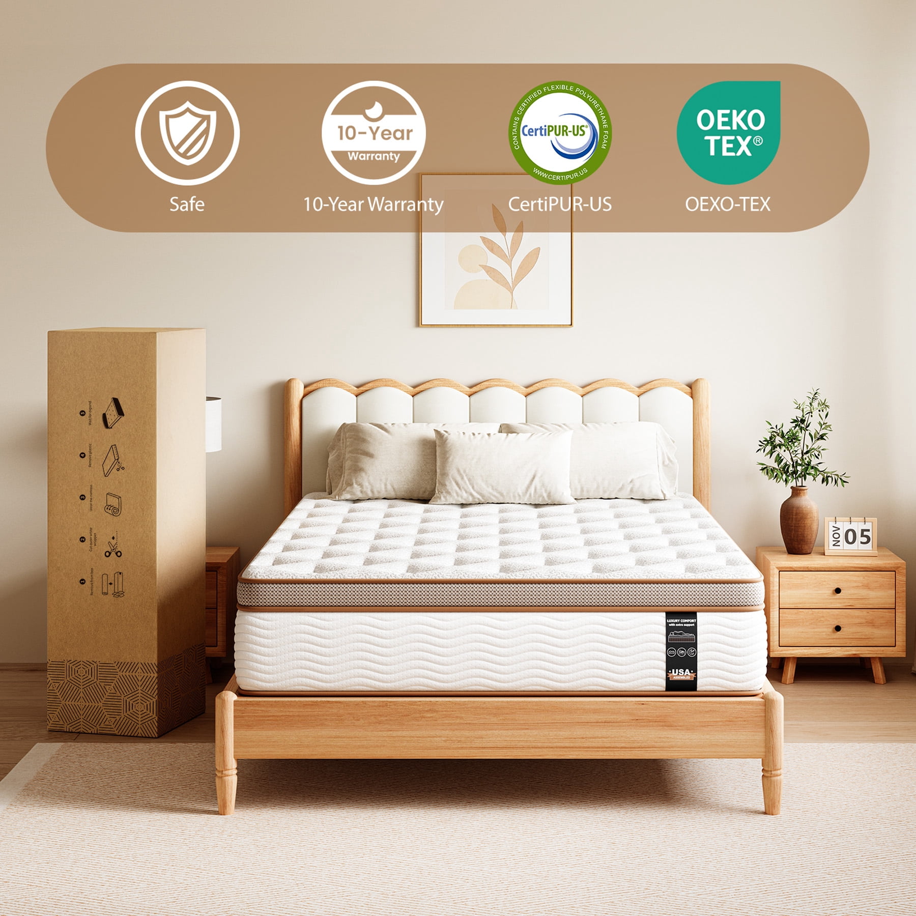 Sleepmax Soma 14" Firm Mattress Full, 365 Night Trial, Euro Top, 800+ Pocket Spring for Motion Isolation, Certipur-Us, Adult