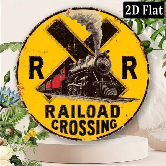 Vintage Train Sign - 8 Inch Round Railway Junction Metal Wall Art - Rustic Railroad Crossing Decor for Man Cave, Garage or Garden - Durable Aluminum Foil Carving Design 8*8in