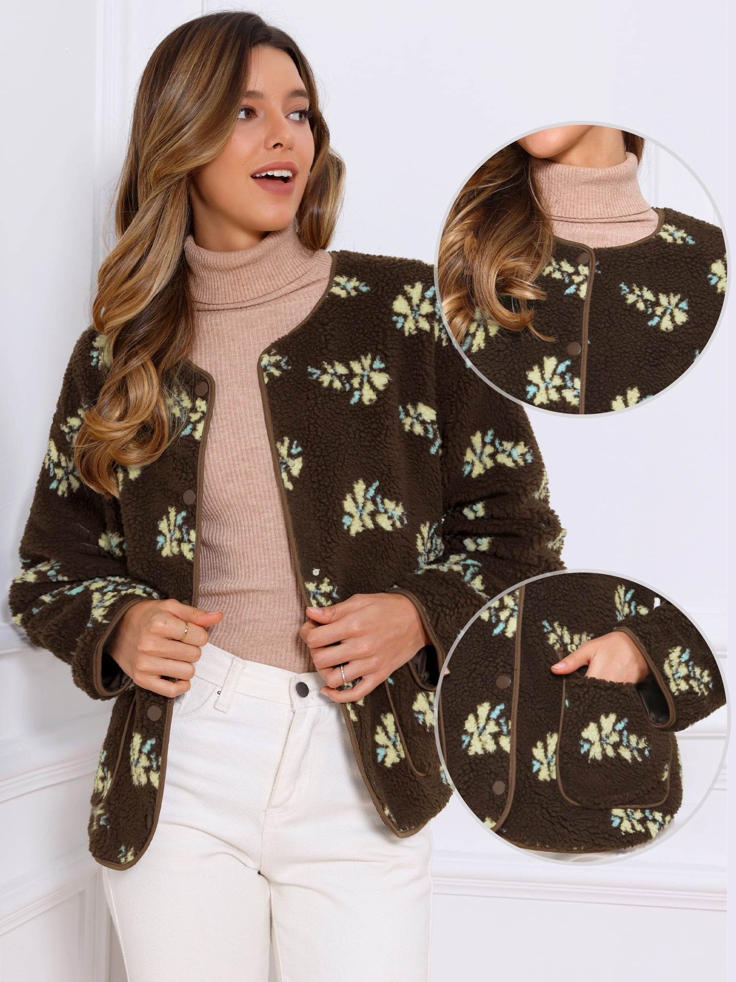 DARING DIVA Fleece Jacket Floral Print Long Sleeve Outwear S Brown