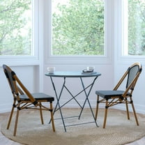 Merrick Lane Set of Two Stacking French Bistro Chairs with Black and White PE Seats and Back and Bamboo Finished Aluminum Frames for Indoor/Outdoor Use