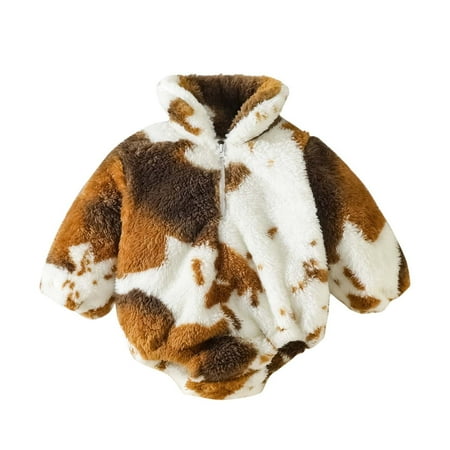 

Newborn Baby Boy Girl Jacket Plush Coat Long Sleeve Cute Cow Print Stand Collar Zipper Winter Thick Romper Fleece Outwear Top