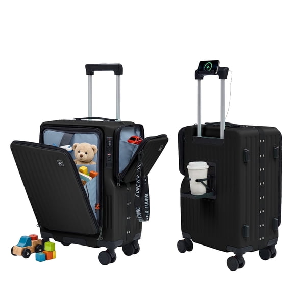 TABU Carry on Luggage with Detachable Side Bag, Zipperless PC Hard Shell Suitcase, Front Opening Suitcase, 360° Spinner Wheels, TSA Locks, USB Port, Black