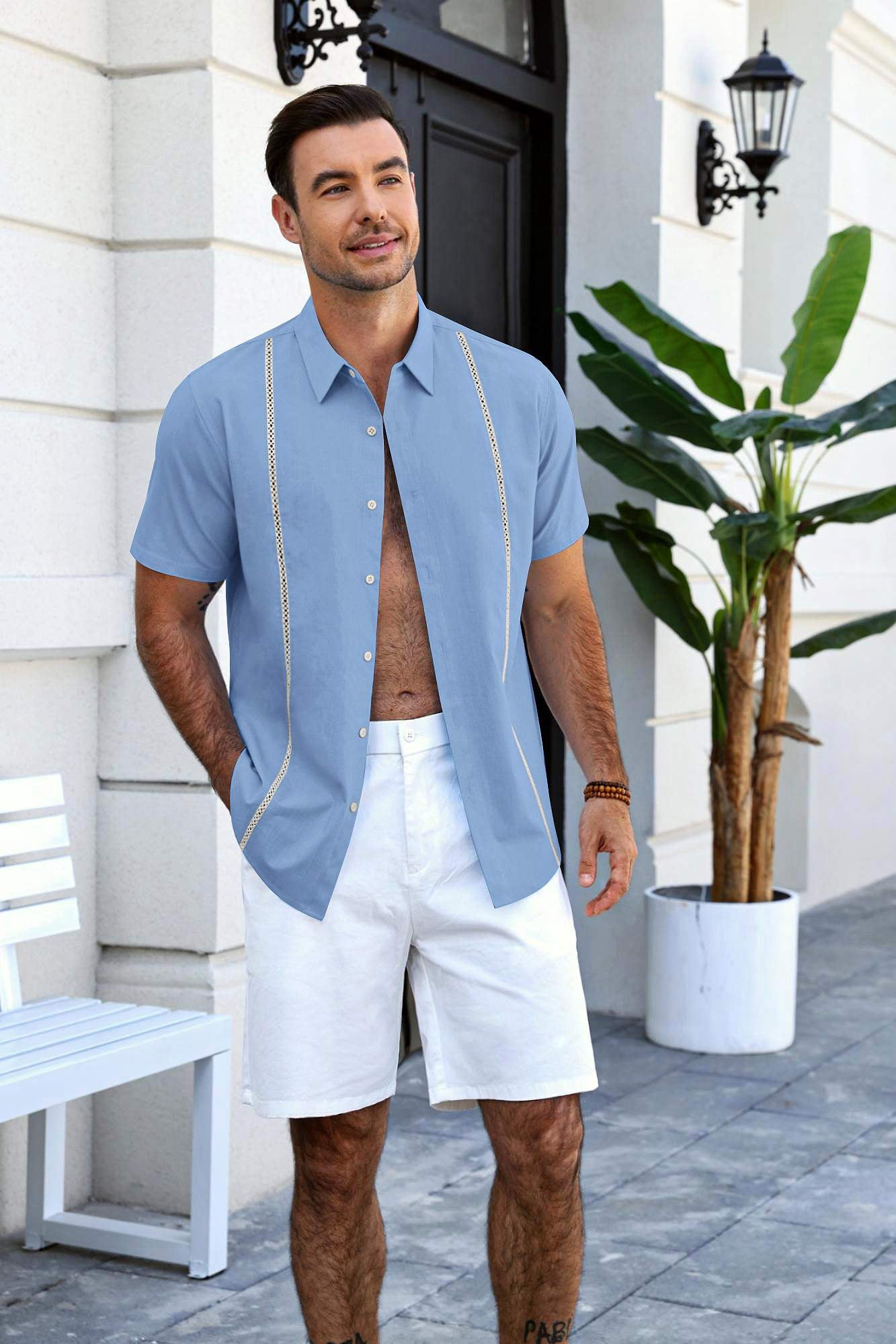COOFANDY Men's Button Up Shirts Casual Short Sleeve Stripe Shirt for Men Casual and Office Wear