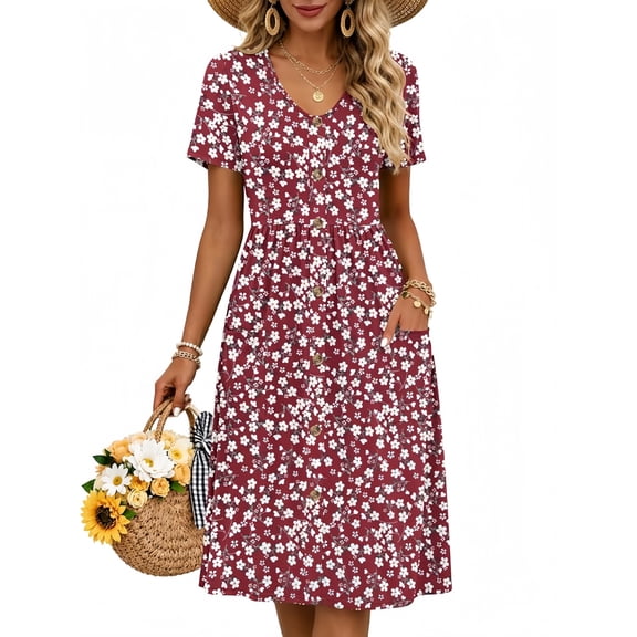 TARAINYA Women V Neck Short Sleeve Casual Dress with Buttons and Pockets Summer Beach Sundress