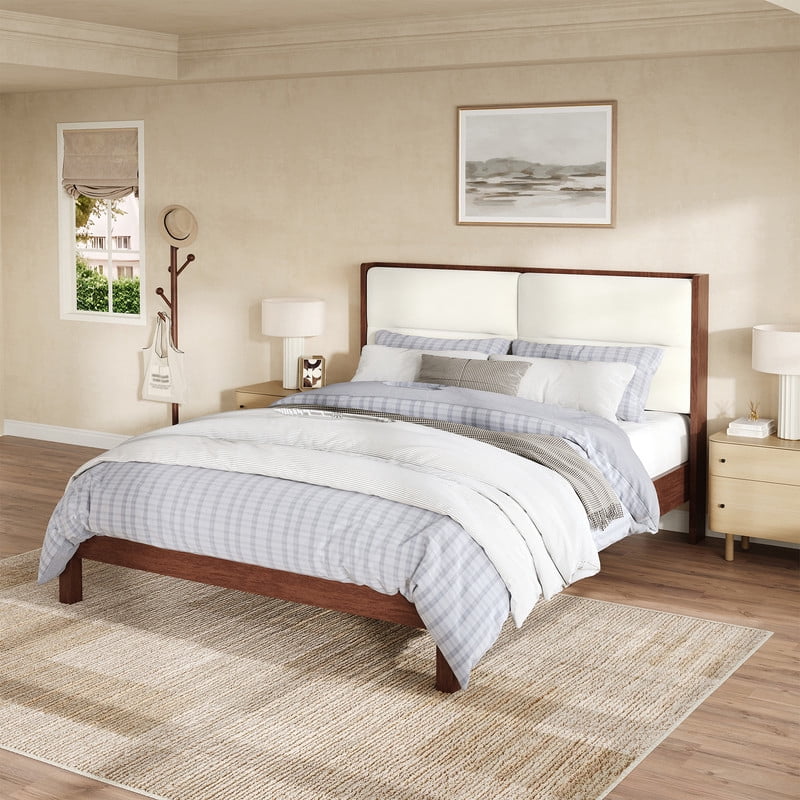 Wooden Queen Size Platform Bed with Velvet Upholstered Headboard, Low-Profile Bed Frame with Slat Support No Box Spring Needed