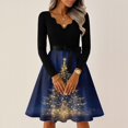thumbnail image 5 of Women's Casual Fashion V Neck Long Sleeve Christmas Printed Party Vintage Dress for Holiday Events and Retro Style, Perfect for Women's Evening Wear,Dark Blue,L, 5 of 6