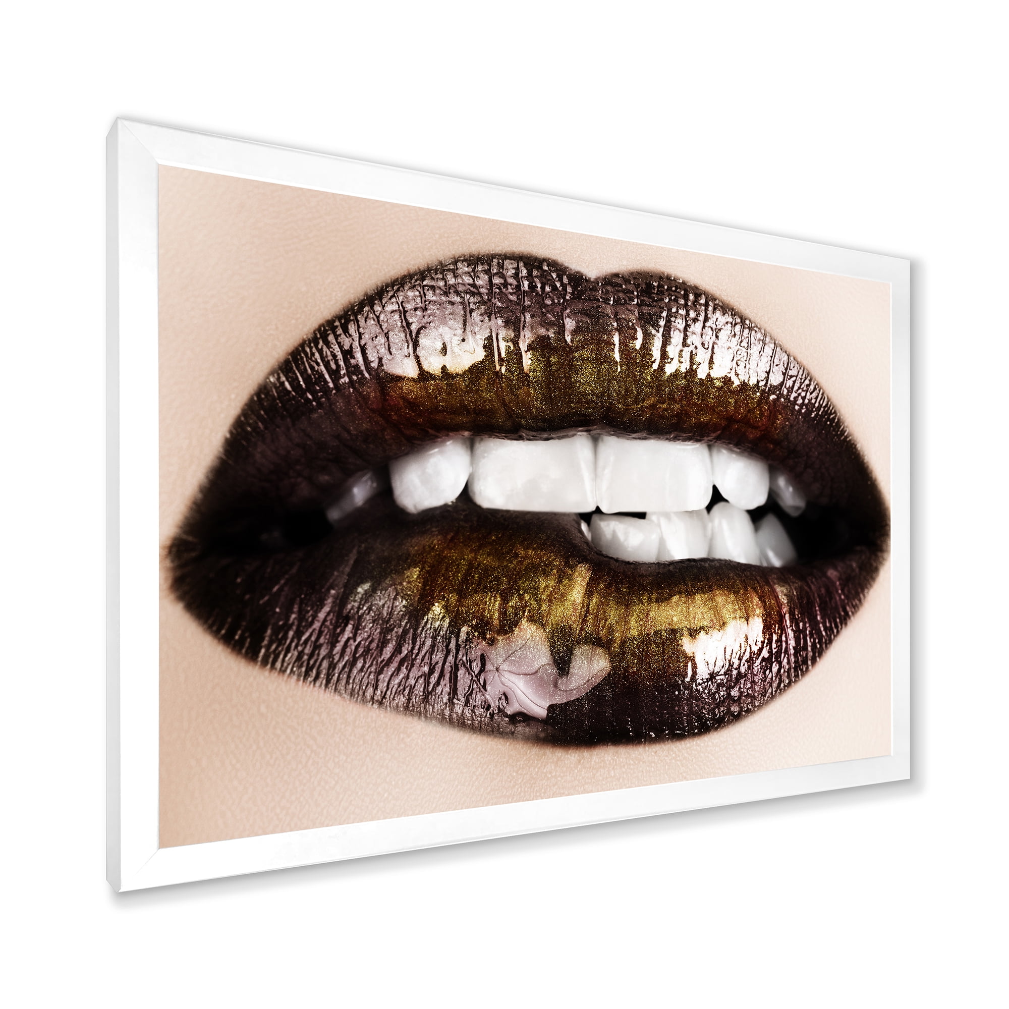 Designart 'Gold Black Lips Biting' Modern Framed Art Print